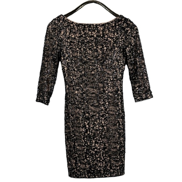 AIDAN MATTOX SEQUIN EMBELLISHED CROCHET LACE BOAT NECK 3/4 SLEEVES SHEATH DRESS - Picture 3 of 14